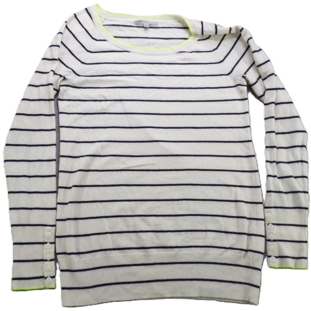 Gap Women Medium Stripe Sweater Off White Blue Wool Blend Sofie Open Neck Ribbed